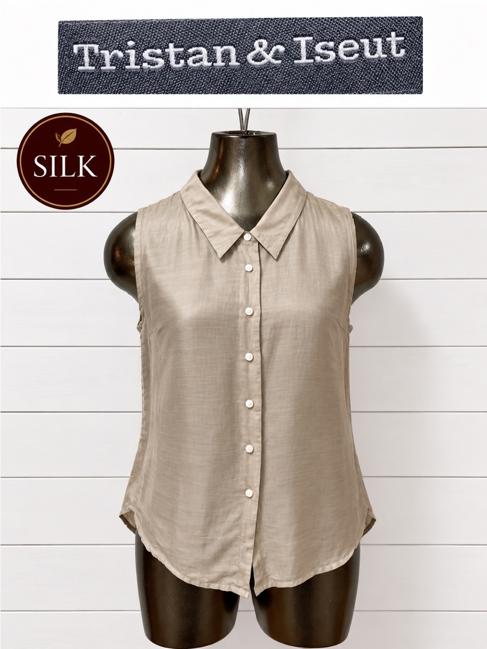 Vintage Tristan & Iseut Silk Linen Sleeveless Blouse – Beige – Size S